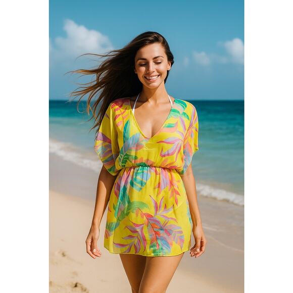 BECCA Costa Printed Bella Yellow Floral Vibrant Chiffon Beach Cover Up Size XSS - Picture 1 of 8